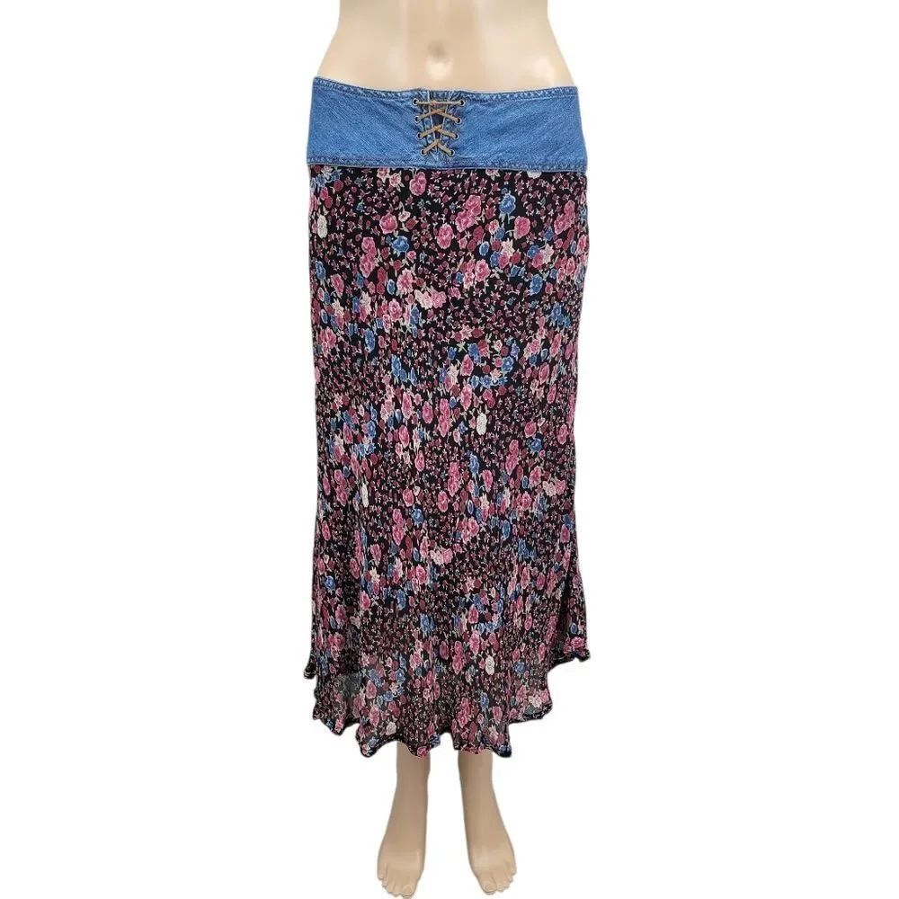 Faded Glory Y2K or 90s Floral Skirt with Denim Waist Prarie Western Boho